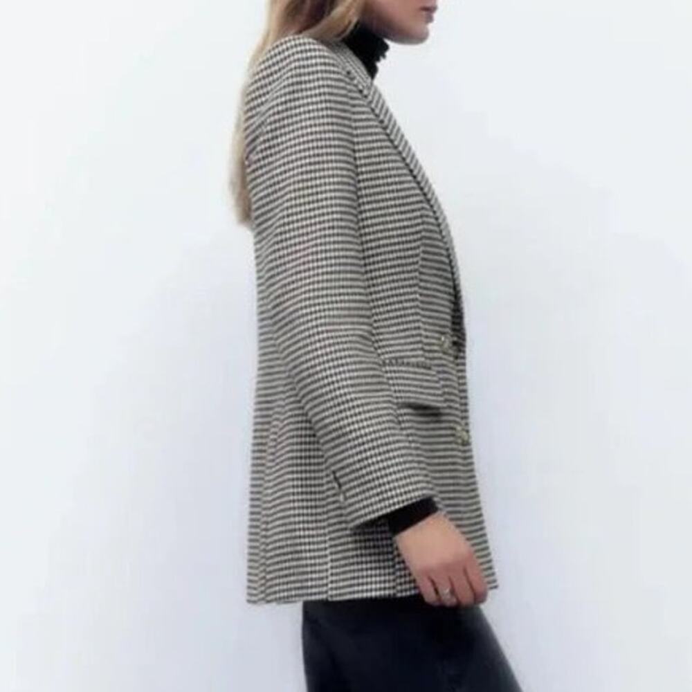 Zara Houndstooth Double Breasted Blazer Jacket Collared Gold Button Tweed XS - Picture 7 of 11